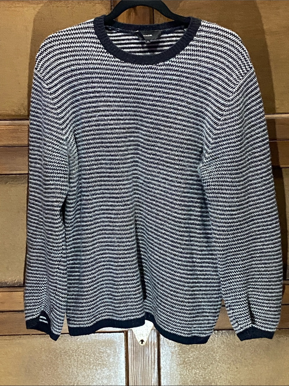 Vince Navy and White Striped Crewneck Sweater
